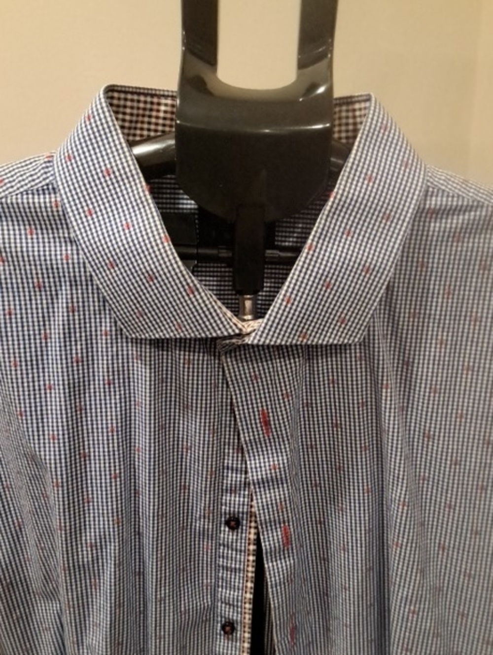 Men's Blue Micro-Check Button-Down Shirt with Red Accent